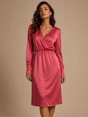 F&F Scotland Purchase Pink Satin Wrap Knee Length Dress (Fits like Large)